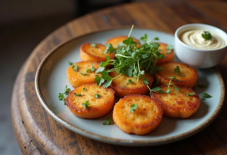 Deliciously golden fécula de batata served with sauce, ideal for any meal.