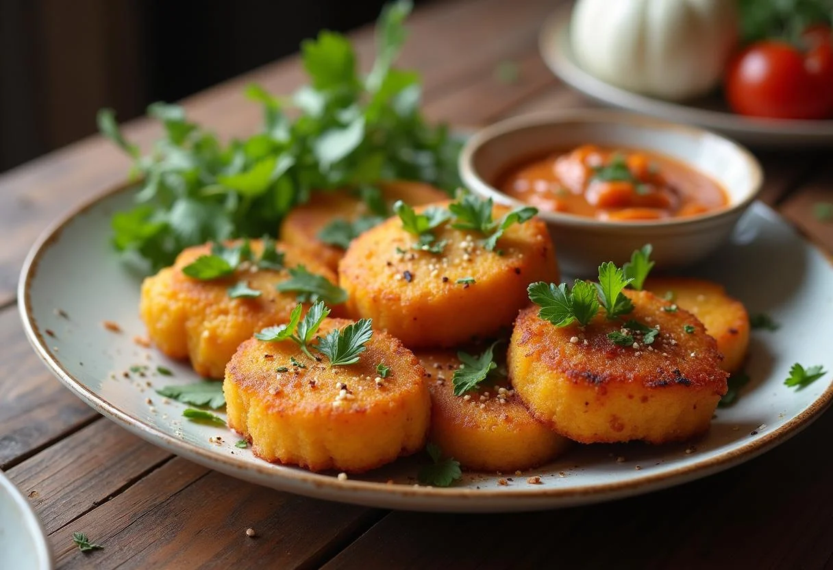 Deliciosa fécula de batata dourada servida com molho, ideal para qualquer refeição.