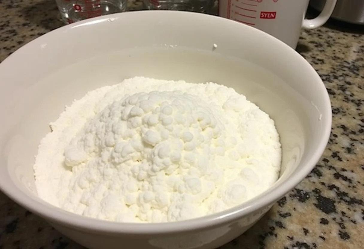 Tigela de fécula de batata pronta para preparação na cozinha.