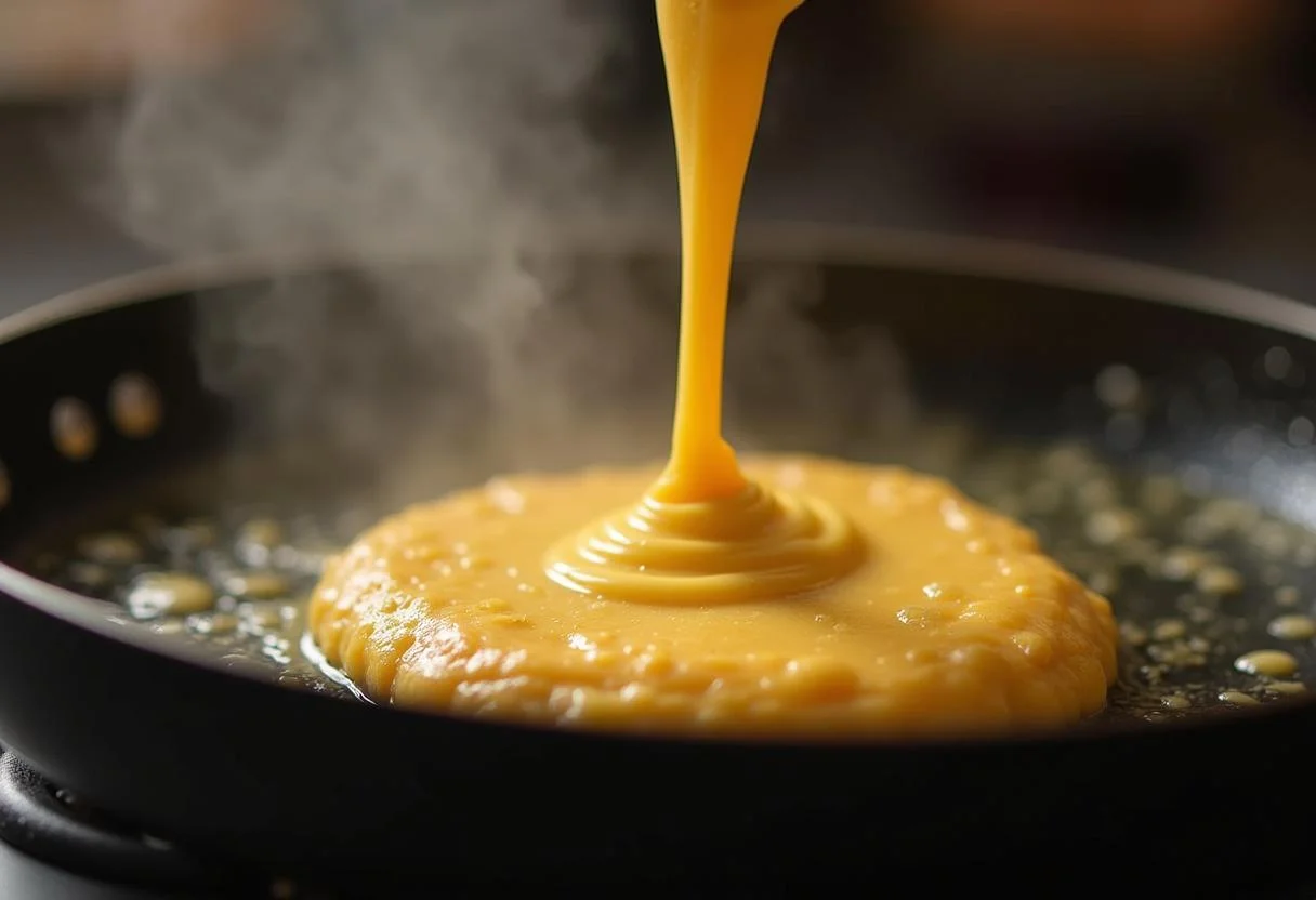 Despejando a mistura de amido de batata numa frigideira para cozinhar a fécula de batata.