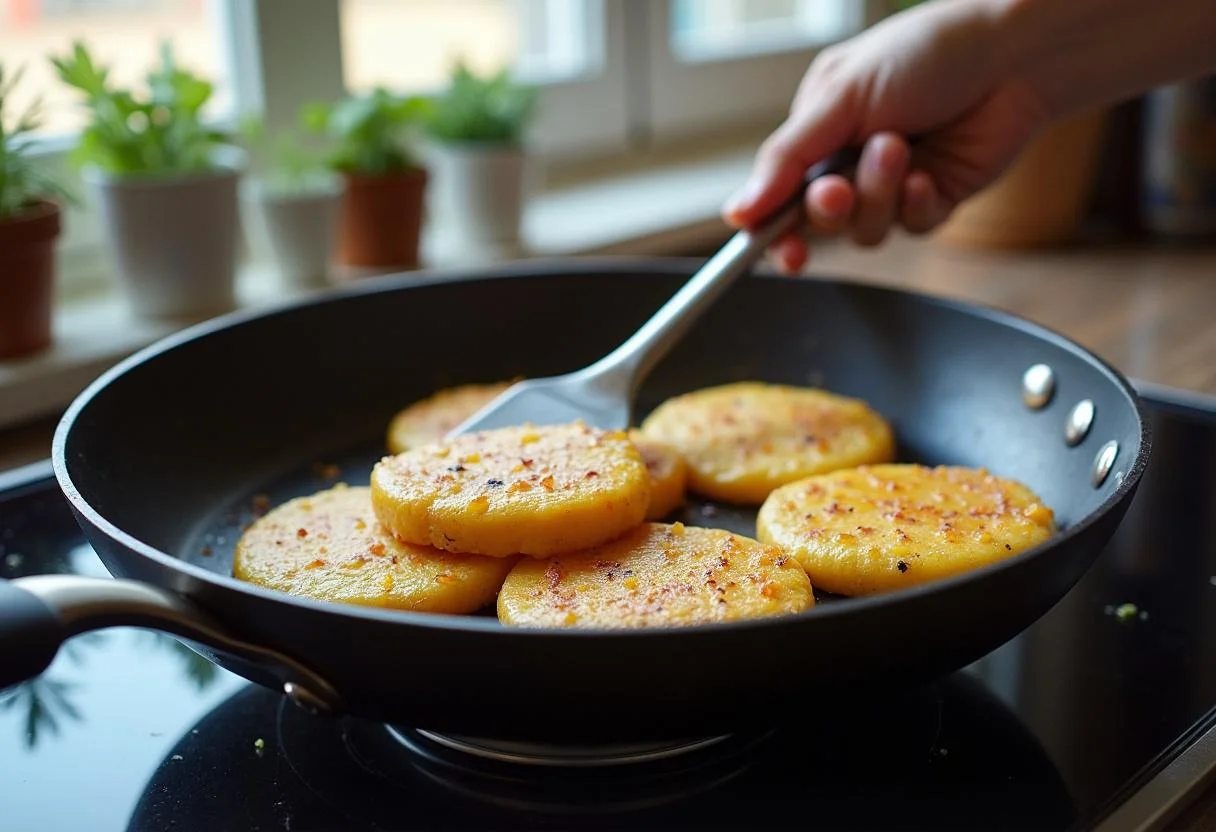 Virando fécula de batata numa frigideira para dourar perfeitamente.