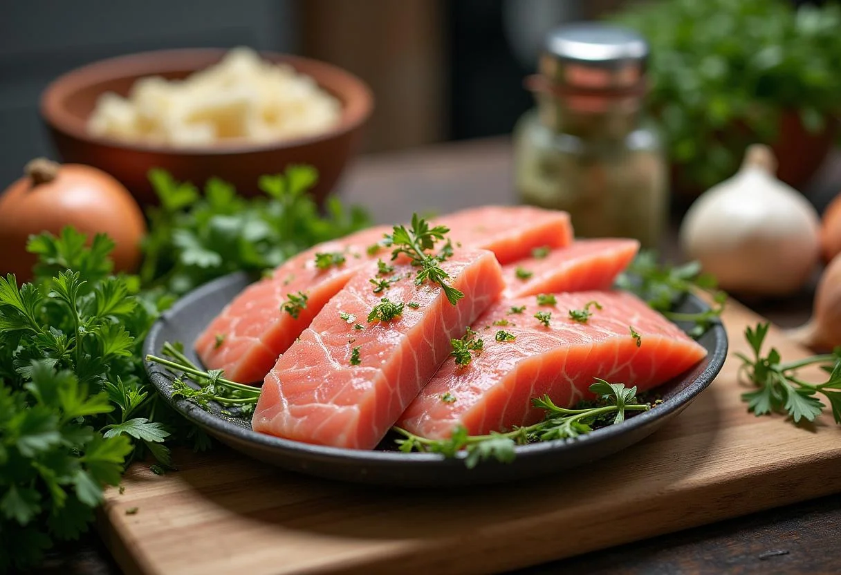 Travessa de bacalhau salgado e ingredientes para fazer a Festa do Bacalhau.