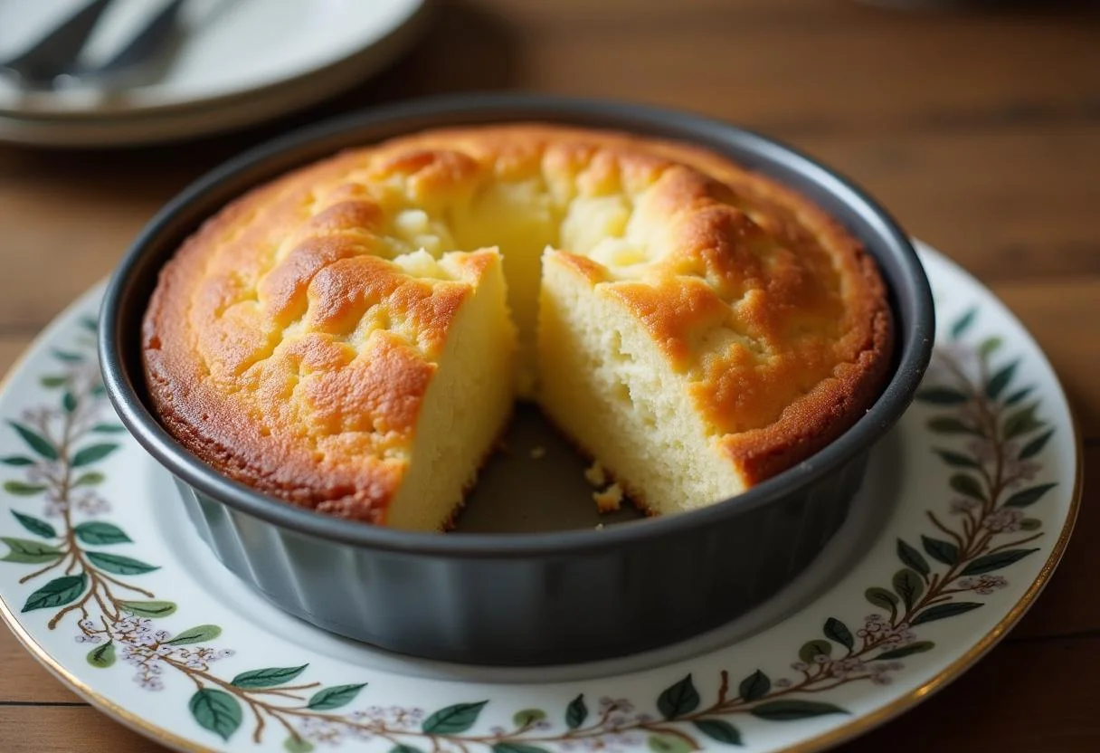Bolo perfeitamente assado na forma antiaderente, pronto para servir em uma mesa de festa.
