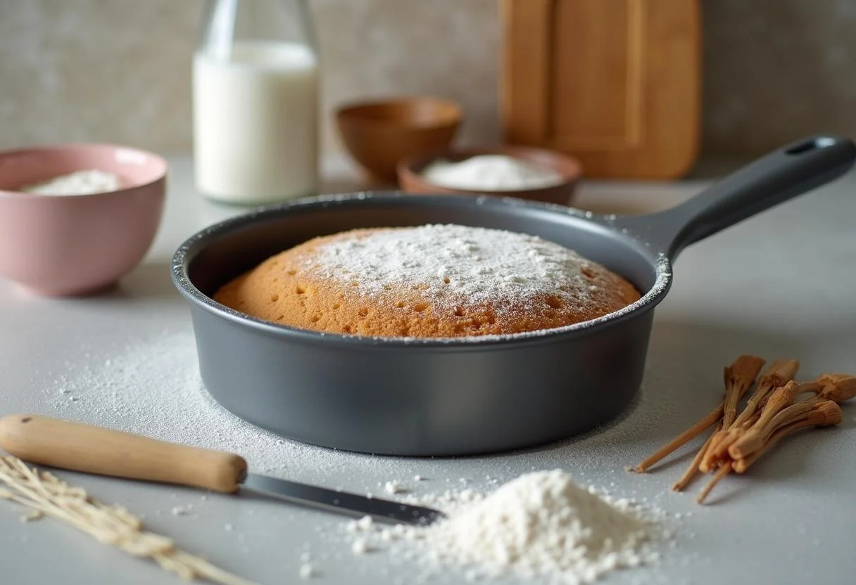 Forma de bolo antiaderente preparada com ingredientes ao redor para fazer um bolo.