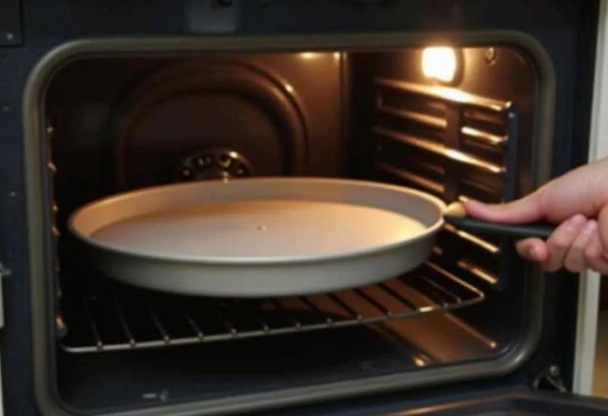 Forma de bolo antiaderente colocada no forno pré-aquecido para assar.