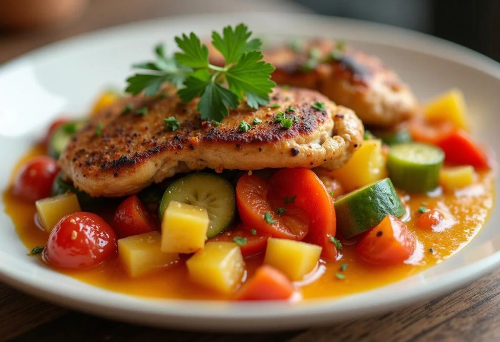Prato de frango com esparguete, uma refeição leve e saborosa, perfeita para o jantar.