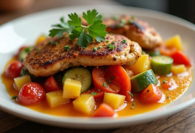 Prato de frango com esparguete, uma refeição leve e saborosa, perfeita para o jantar.