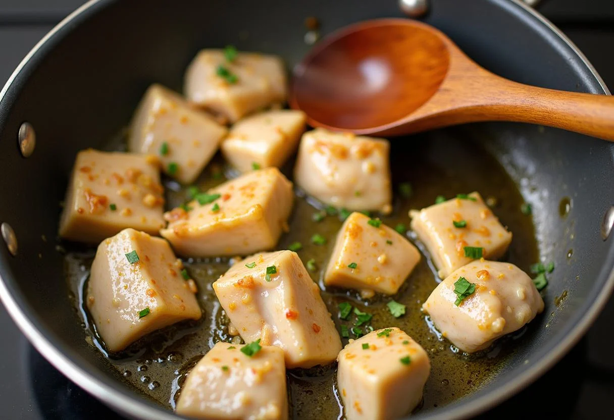 Frango sendo refogado em azeite e temperos para a receita de frango com esparguete.