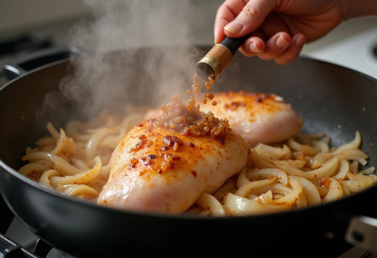 Adding marinated chicken to sautéed onions for frango na púcara preparation.