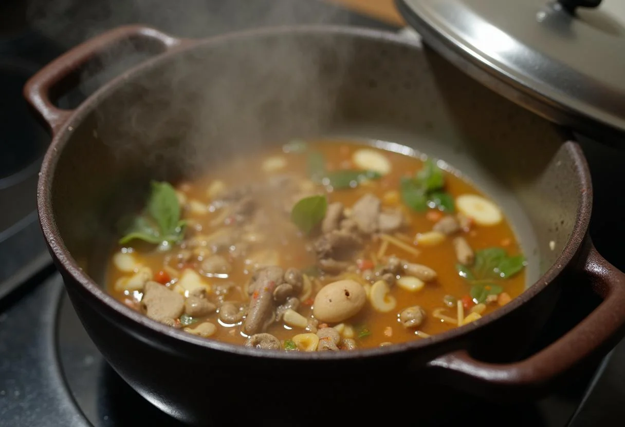 Simmering frango na púcara in a pot on the stove.