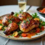 Frango no churrasco pronto para servir, decorado com ervas frescas e acompanhamentos vibrantes.