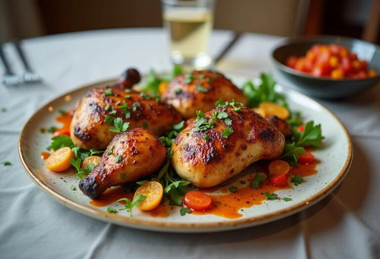 Frango no churrasco pronto para servir, decorado com ervas frescas e acompanhamentos vibrantes.