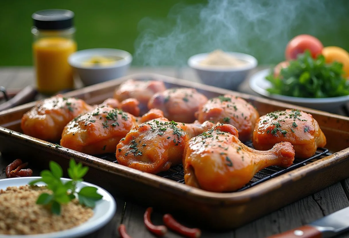 Frango no churrasco marinado em uma grelha, preparado para assar ao ar livre.
