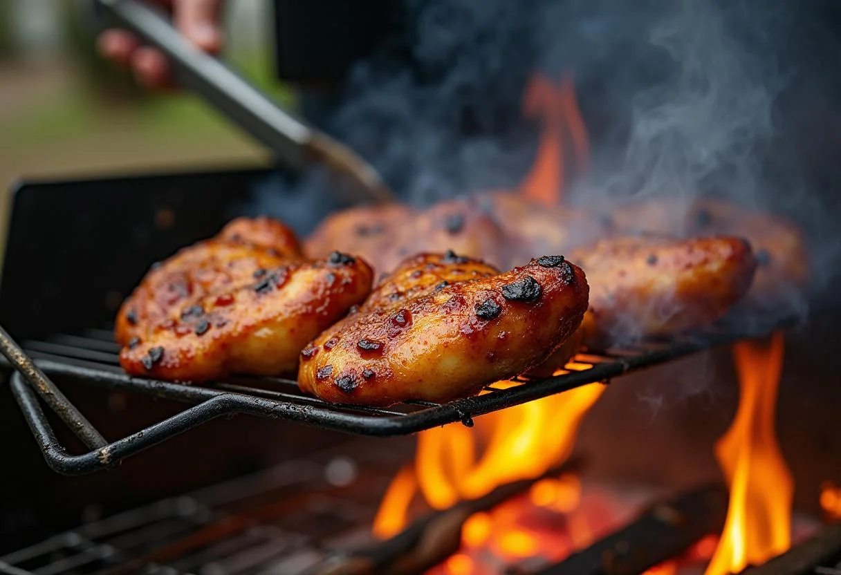 Frango churrasco sendo colocado na grelha quente, liberando fumaça e calor durante o preparo.