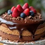 Beautifully decorated cake with glossy ganache chocolate and berries for a delicious dessert.