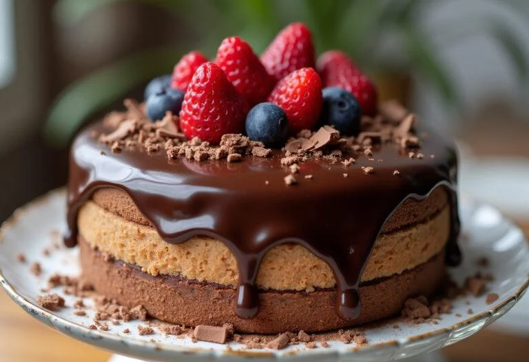 Beautifully decorated cake with glossy ganache chocolate and berries for a delicious dessert.