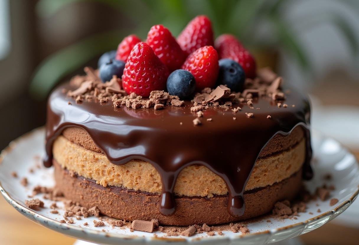 Beautifully decorated cake with glossy ganache chocolate and berries for a delicious dessert.