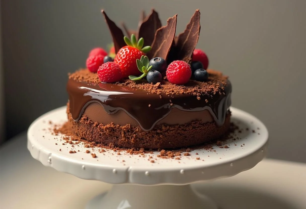 Bolo lindamente decorado com ganache de chocolate brilhante e frutos silvestres para uma deliciosa sobremesa.