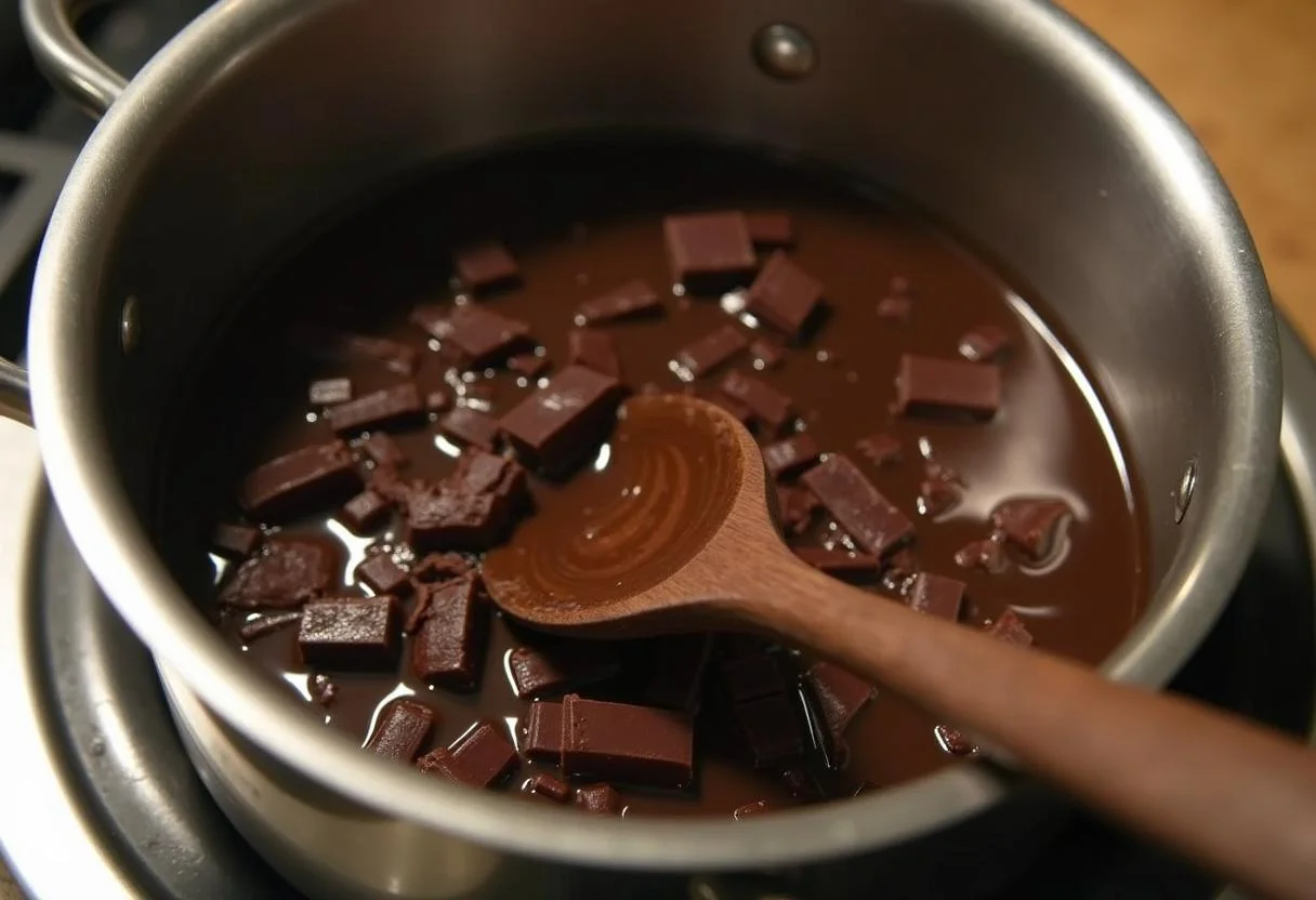 Chocolate amargo picado em uma tigela para fazer ganache de chocolate sobre água fervente.