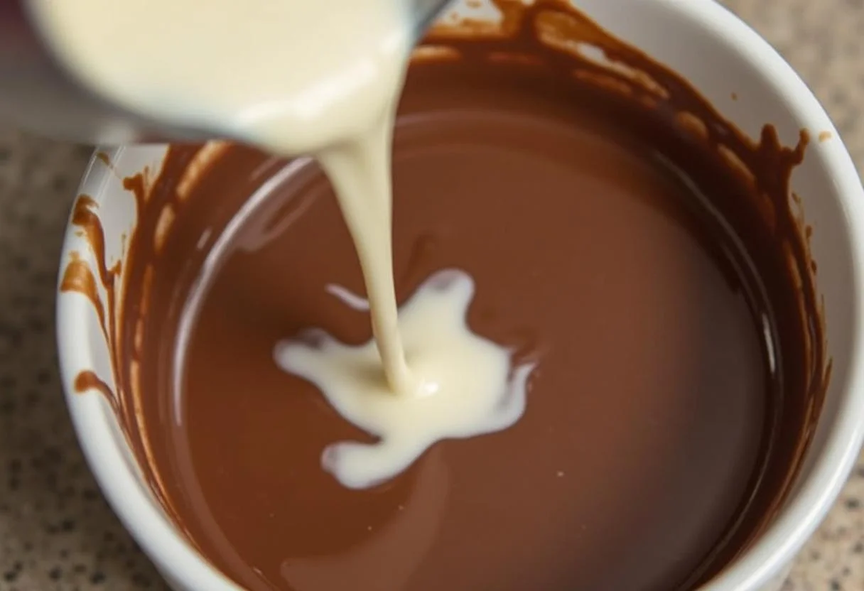 Creme sendo adicionado ao chocolate derretido para a preparação da ganache de chocolate.