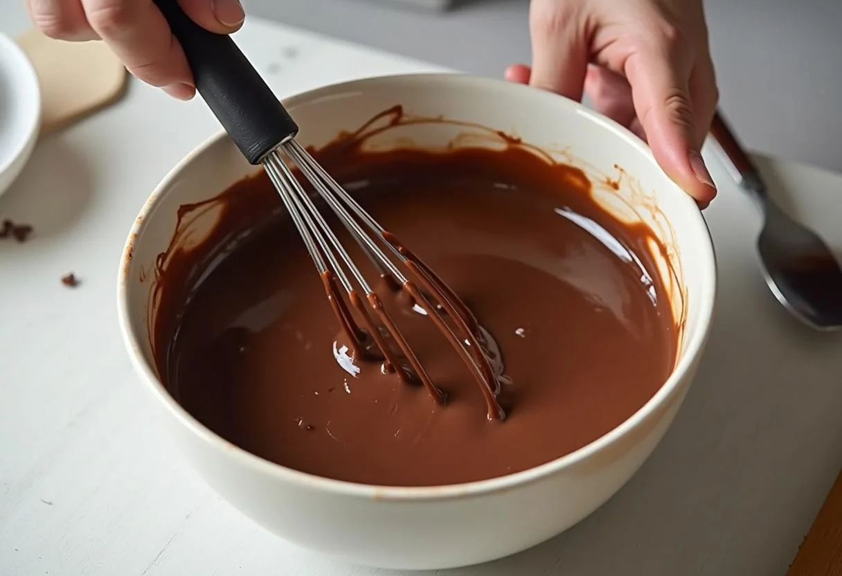 Batendo a mistura de ganache de chocolate até ficar homogênea para um acabamento perfeito.