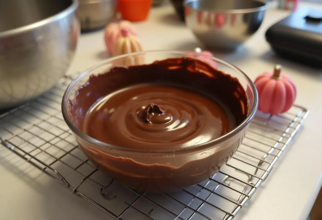 Ganache de chocolate esfriando pronta para decoração de bolo ou cobertura de sobremesa.