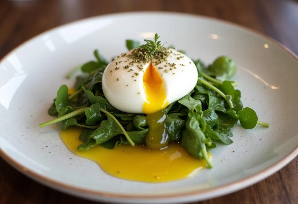Perfectly plated gema de ovo poché with fresh greens and olive oil, ideal for a sophisticated brunch.