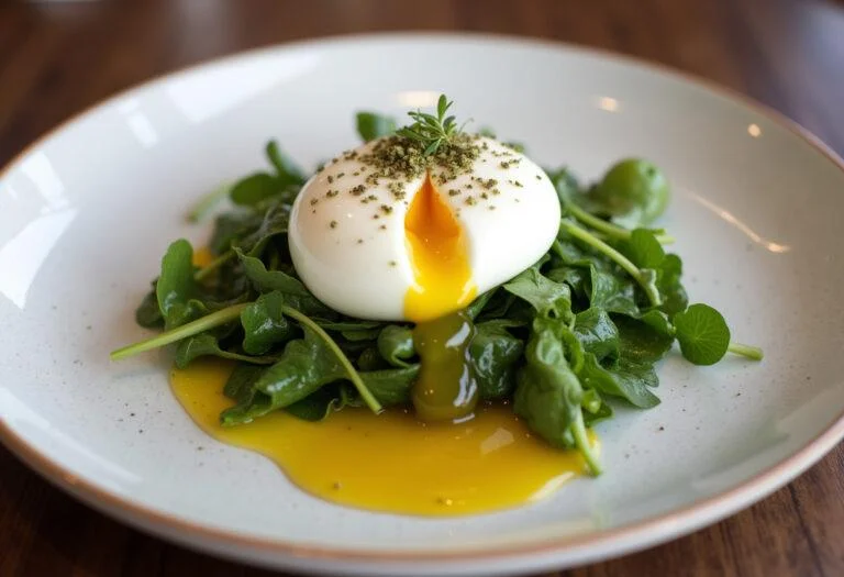Perfectly plated gema de ovo poché with fresh greens and olive oil, ideal for a sophisticated brunch.