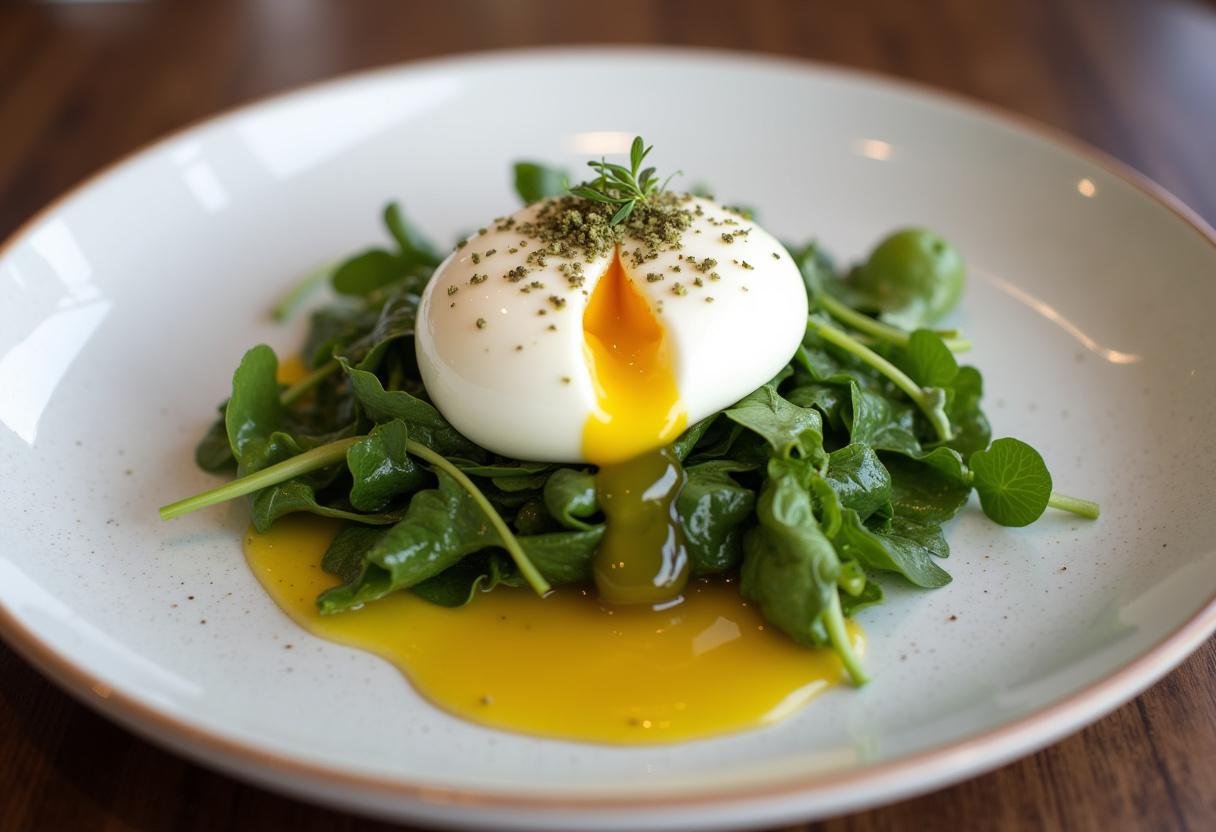 Perfectly plated gema de ovo poché with fresh greens and olive oil, ideal for a sophisticated brunch.