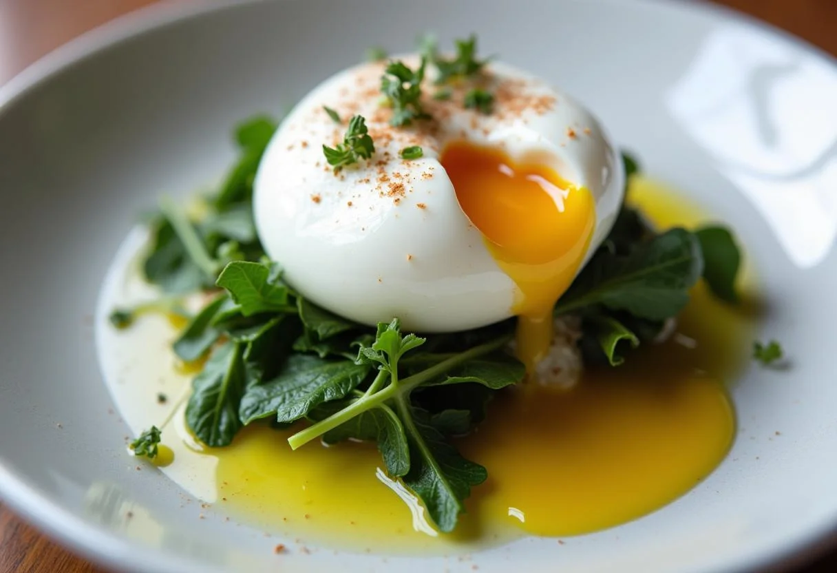 Perfectly plated gema de ovo poché with fresh greens and olive oil, ideal for a sophisticated brunch.