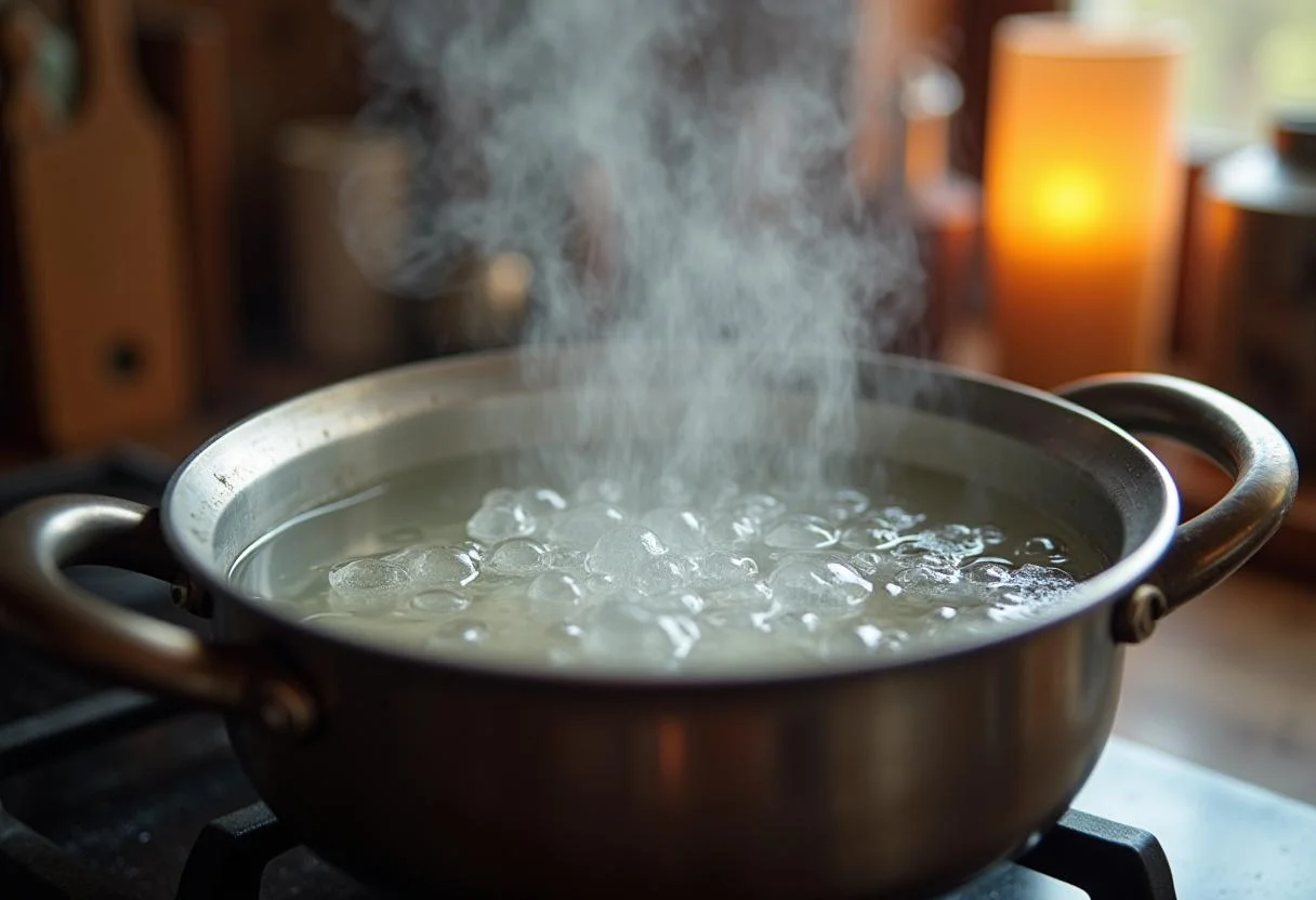 Pot of boiling water with vinegar for preparing gema de ovo poché.