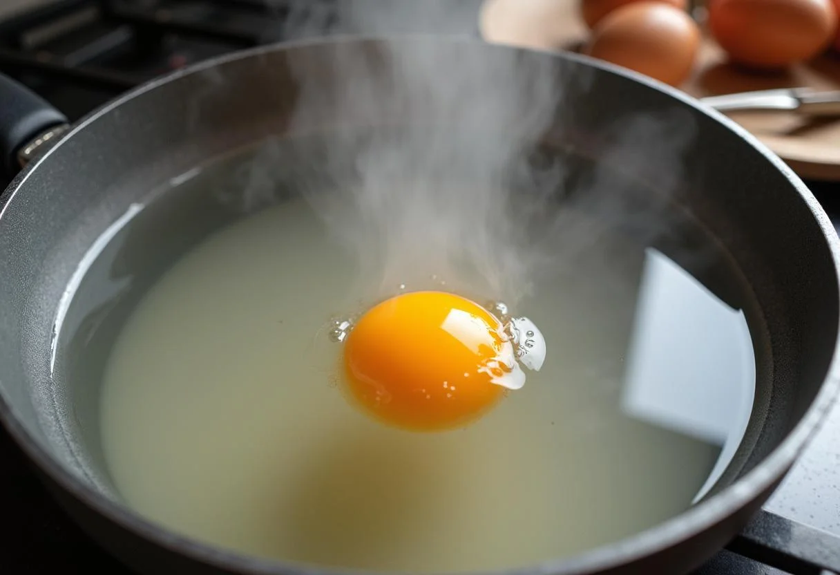 Fresh egg being added to boiling water for preparing poached gema de ovo.
