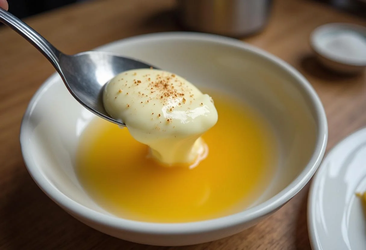 Lifting a poached egg with a slotted spoon, ready to serve for gema de ovo poché.