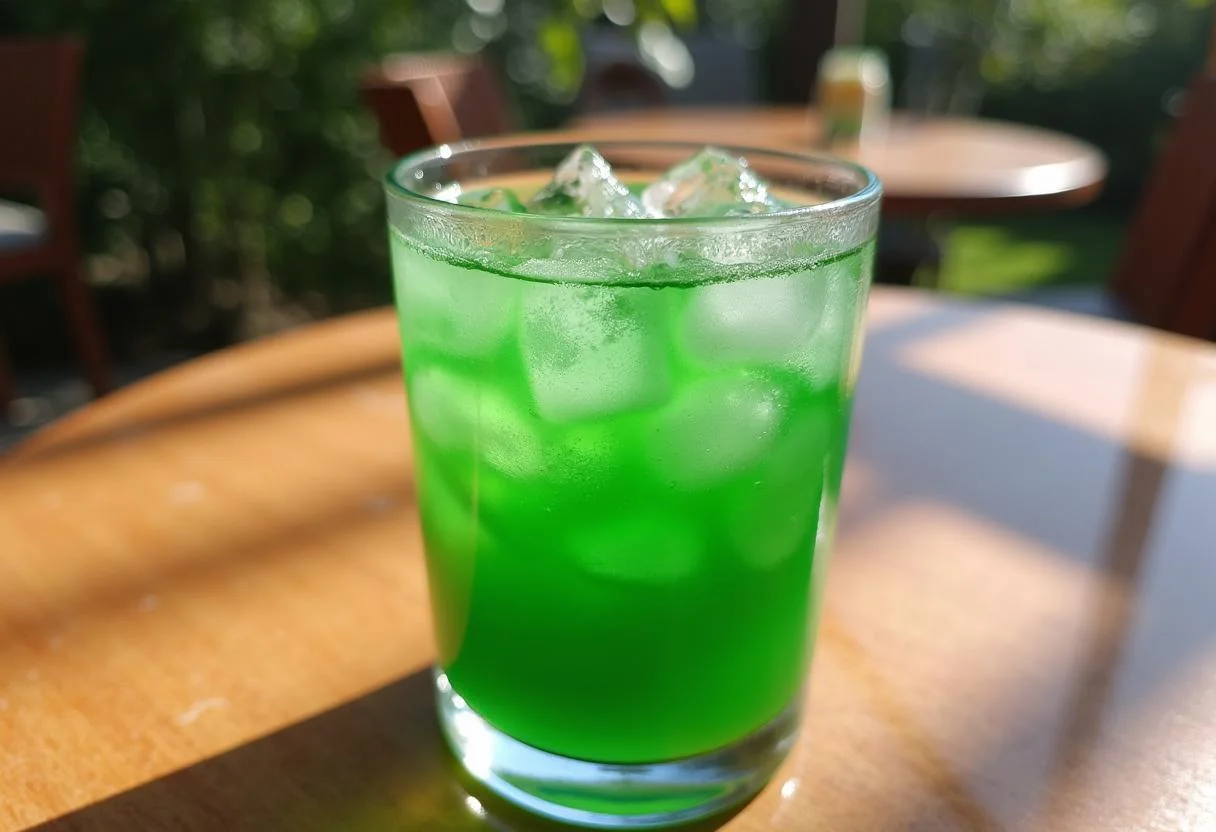Bebida refrescante de hortelã-pimenta servida ao ar livre, perfeita para dias quentes.