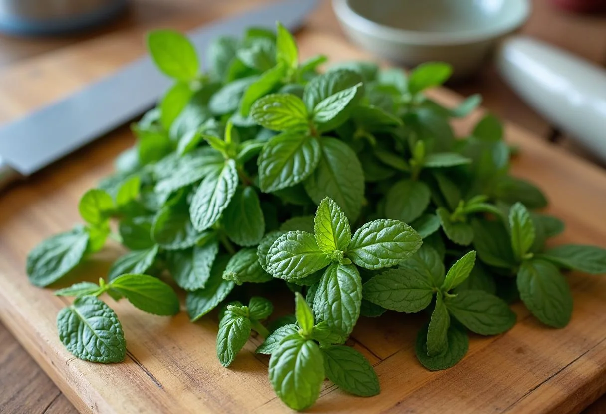 Folhas frescas de hortelã e hortelã-pimenta prontas para a preparação da hortelã-pimenta.
