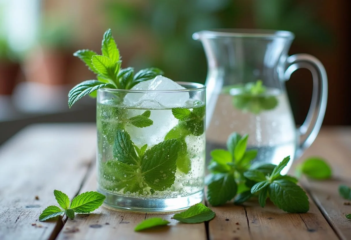 Mistura de hortelã e hortelã-pimenta servida com gelo para uma bebida refrescante de hortelã-pimenta.