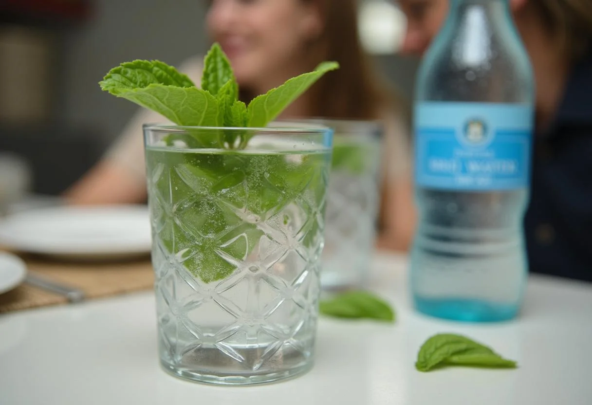 Bebida refrescante de hortelã-pimenta servida num copo com decoração de hortelã.