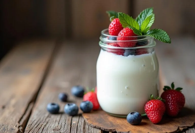 Finished jar of iogurte sem lactose natural with fresh berries, ready to enjoy.