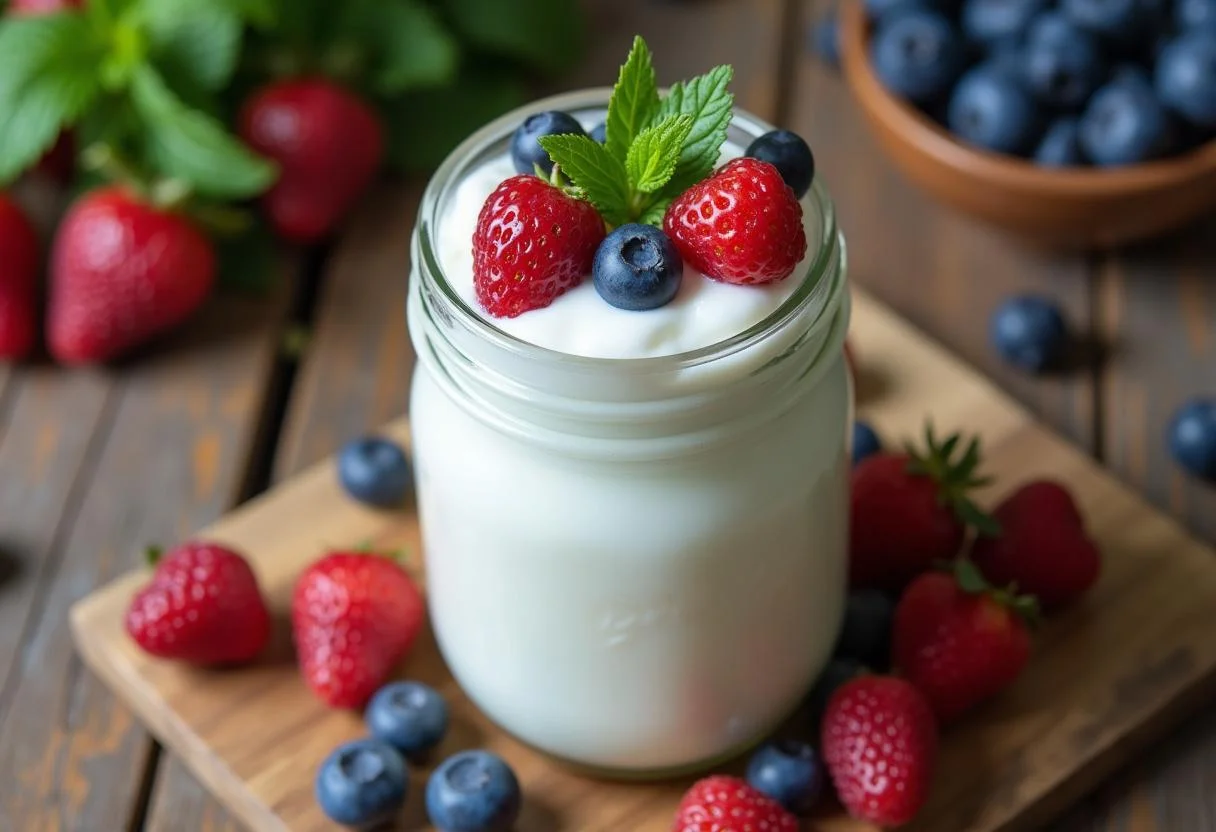 Pote finalizado de iogurte sem lactose natural com frutos vermelhos frescos, pronto para saborear.