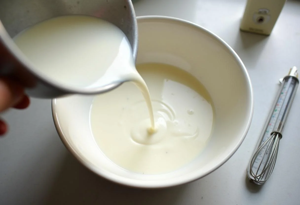 Leite sem lactose fresco a ser preparado para fazer iogurte sem lactose.
