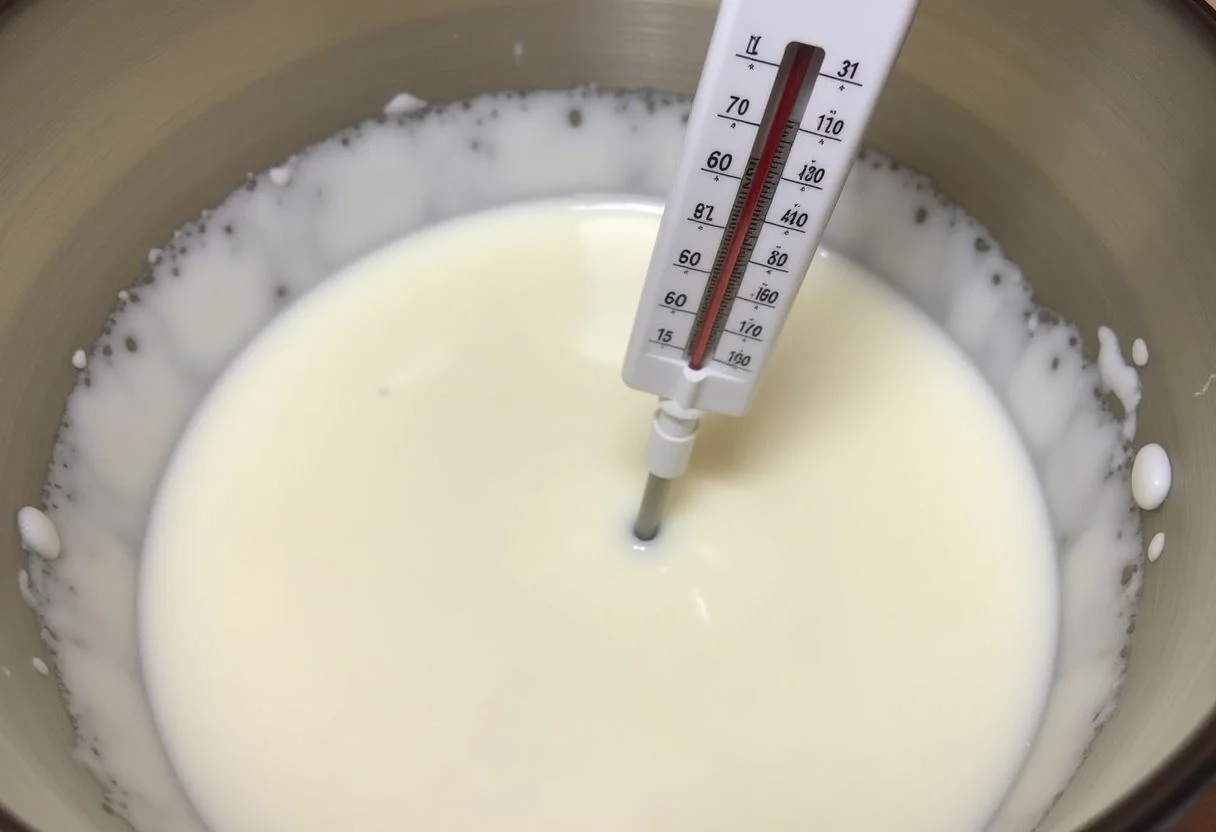 Termómetro a indicar a temperatura enquanto mistura os ingredientes para o iogurte sem lactose.