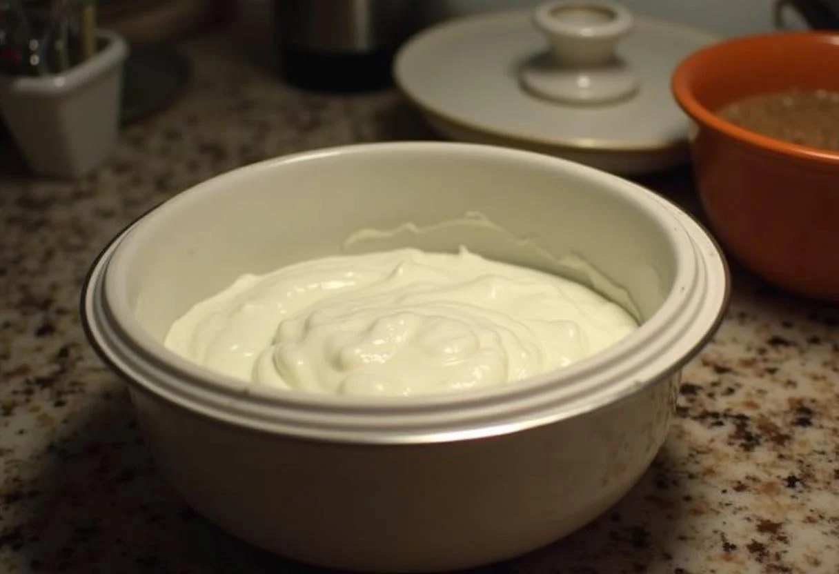 Tigela coberta de mistura de iogurte sem lactose pronta para fermentar.
