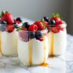 Iogurte skyr proteico finalizado com frutas e mel, apresentação deliciosa e saudável.