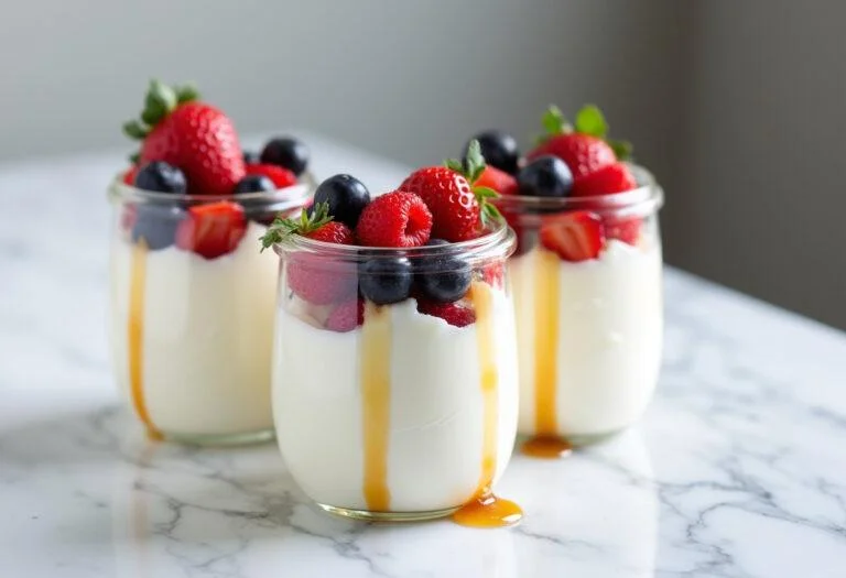 Iogurte skyr proteico finalizado com frutas e mel, apresentação deliciosa e saudável.