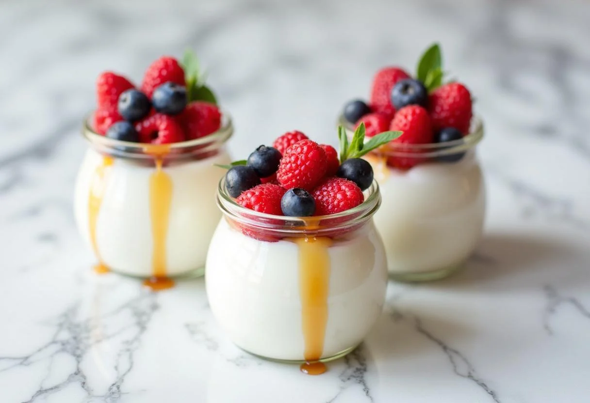 Iogurte skyr proteico finalizado com frutas e mel, apresentação deliciosa e saudável.
