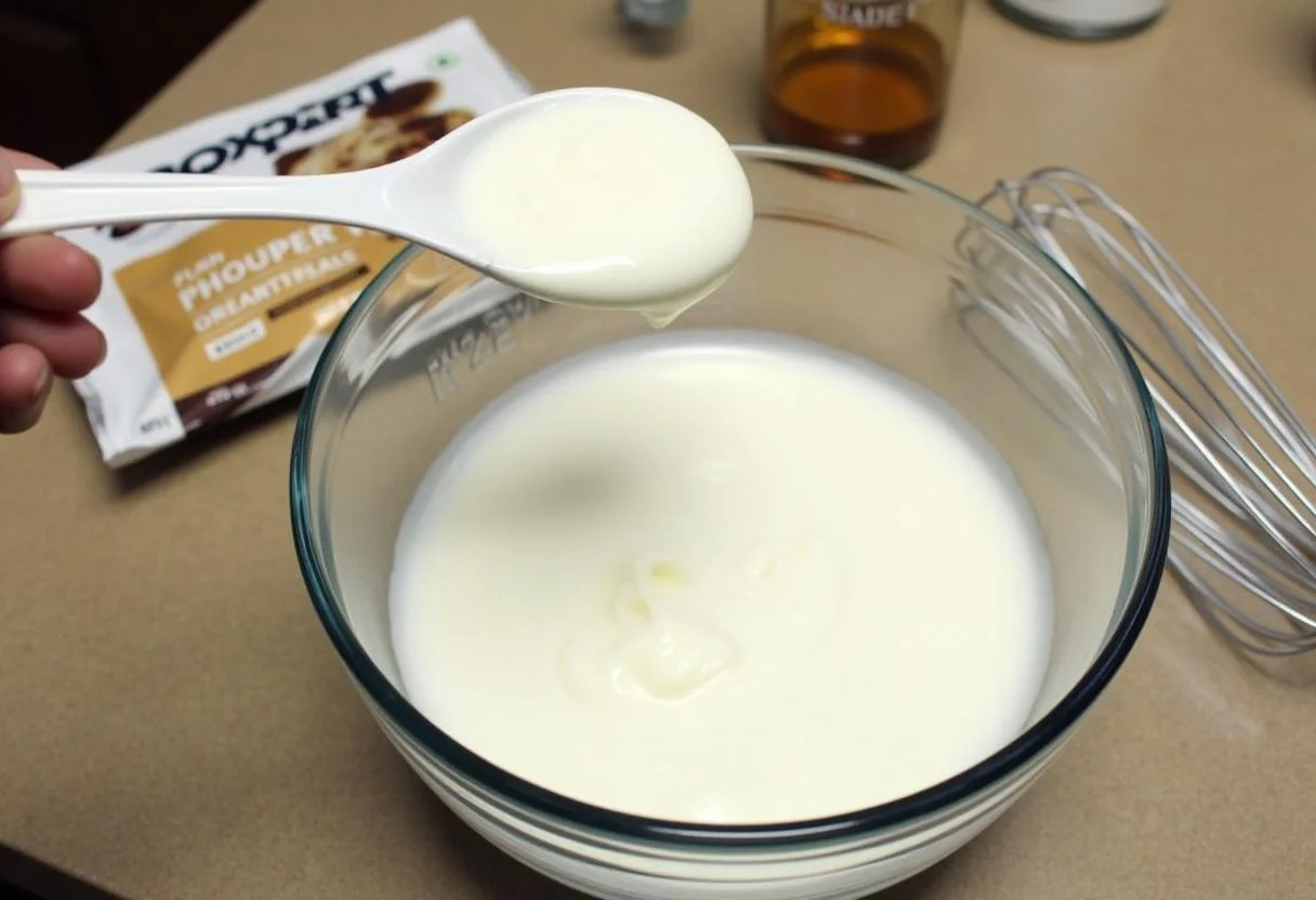 Iogurte skyr sendo colocado em uma tigela, preparando uma receita de iogurte skyr proteico.