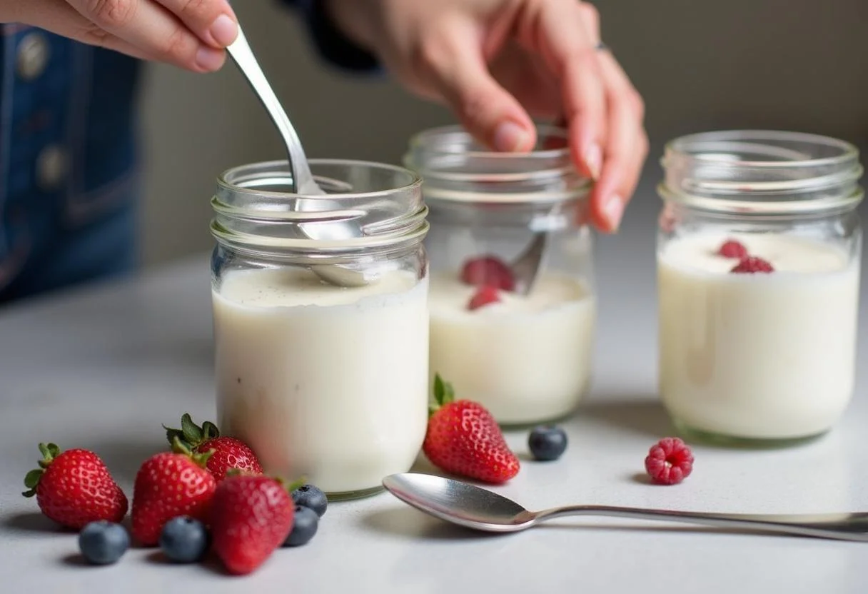 Jars cheios de iogurte skyr proteico, prontos para serem degustados.