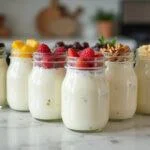 Iogurtes proteicos caseiros prontos, com frutas e nuts, perfeitos para um lanche saudável.