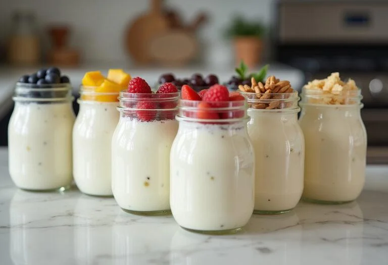 Iogurtes proteicos caseiros prontos, com frutas e nuts, perfeitos para um lanche saudável.