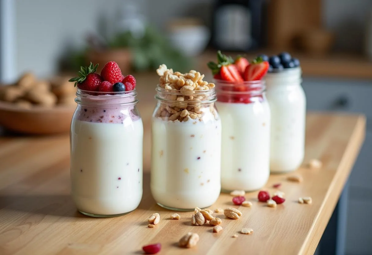 Iogurtes proteicos caseiros prontos, com frutas e nuts, perfeitos para um lanche saudável.